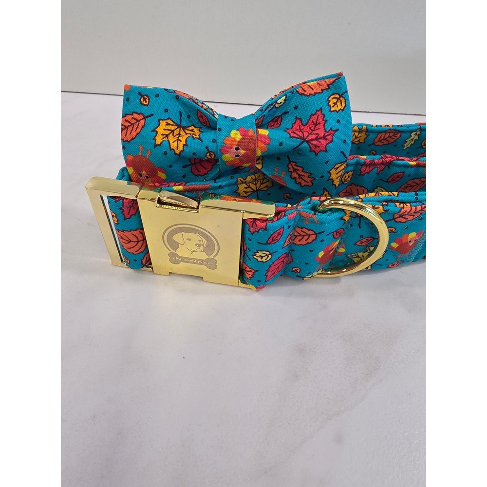 Cottagecore Thanksgiving Dog Collar Bow Tie Turkey Leaf Mr Chubbyface Pet Teal